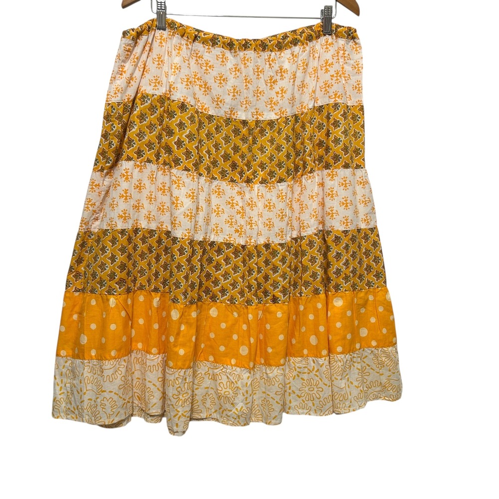 Boho Tiered Midi Skirt L Yellow Patchwork Cottagecore Prairie Hippie Festival